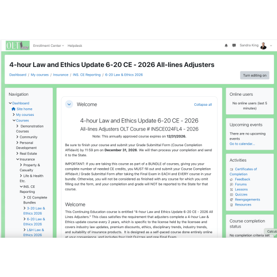 4-hour Law & Ethics Update 6-20 All-Lines Adjusters (5-620) CE Course 